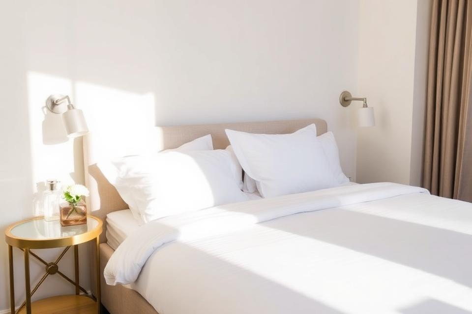 Hotel style bed made with fresh white linens for a short term rental