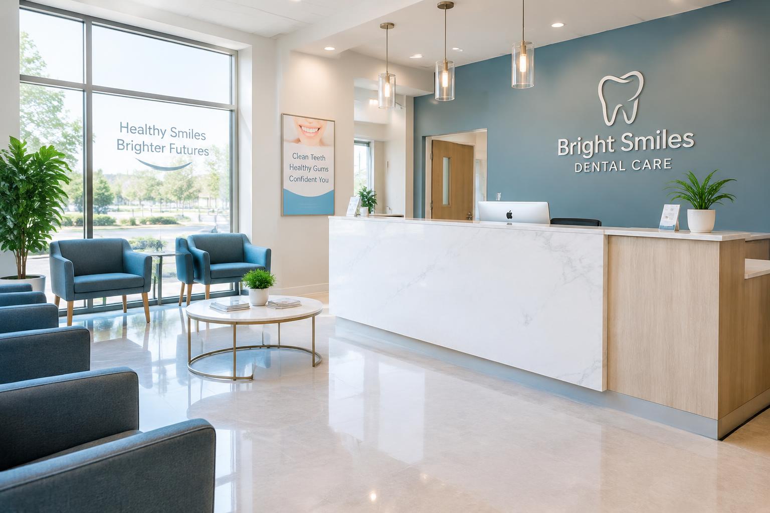 Spotless dental office reception area with polished floors and a tidy front desk