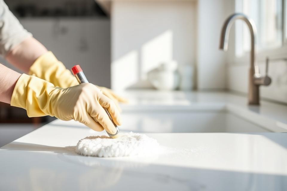 Cleaner scrubbing a sparkling kitchen countertop
